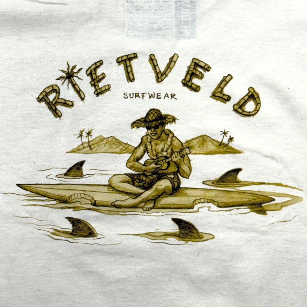 Rietveld Surfwear T Shirt Mens M Surfer Ukulele Sharks Cream Graphic Tee NWOT